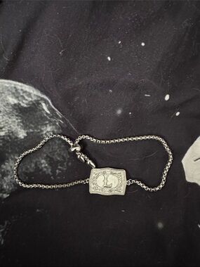Silver Initial 'L' Rectangle Pendant Chain Bracelet
